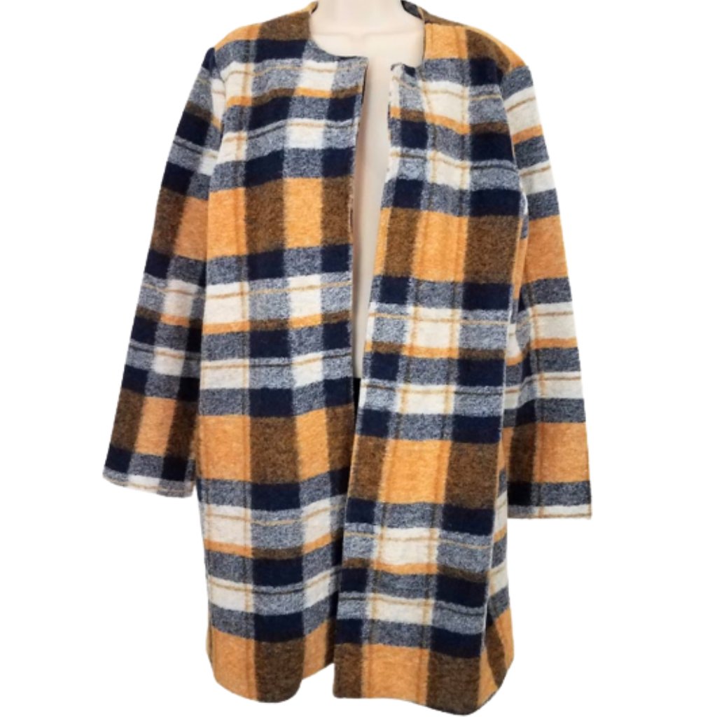 Cynthia Rowley Plaid Open Front Wool Blend Cardigan Coat With Pockets Women's L